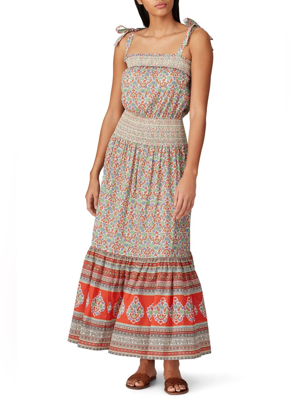 Tory Burch Floral Legacy Paisley Smocked Maxi Dress Tie Straps Red Multi